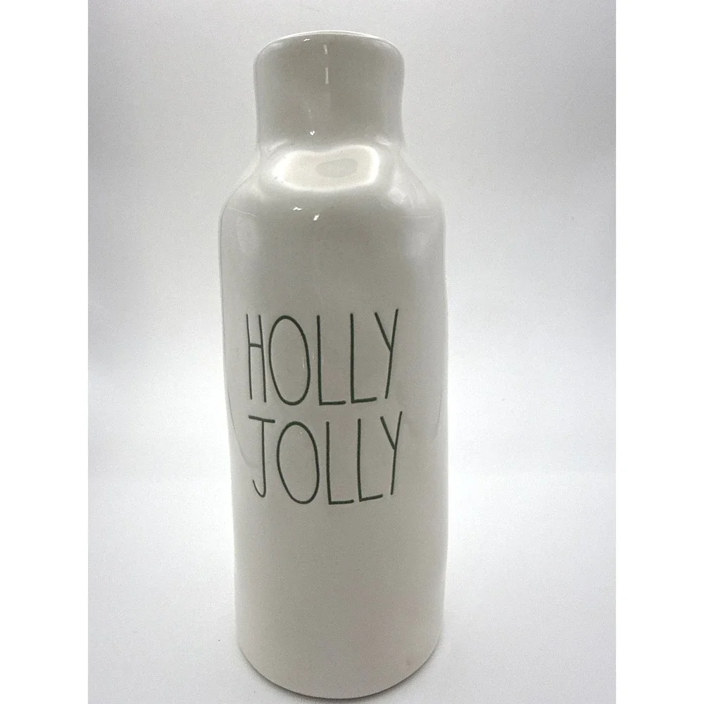Rae Dunn Holly Jolly Ceramic Bottle Vase Christmas Holiday Decor Magenta Green